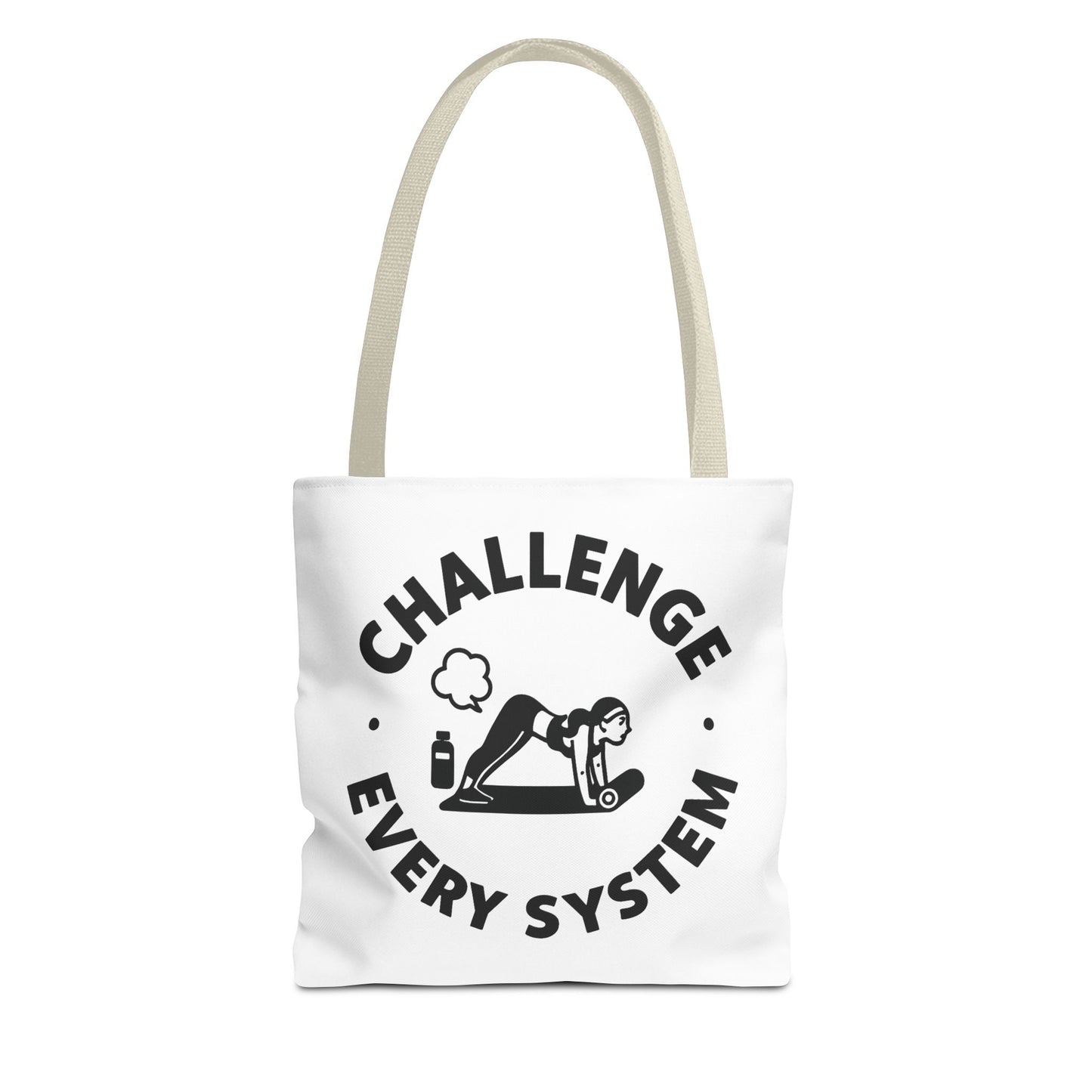 "CHallenge Every System" (Yoga Fart Version)Motivational Tote Bag, Gym Carryall, Workout Bag, Reusable Shopping Tote, Eco-Friendly Reusable Bag, Challenge Every System Bag