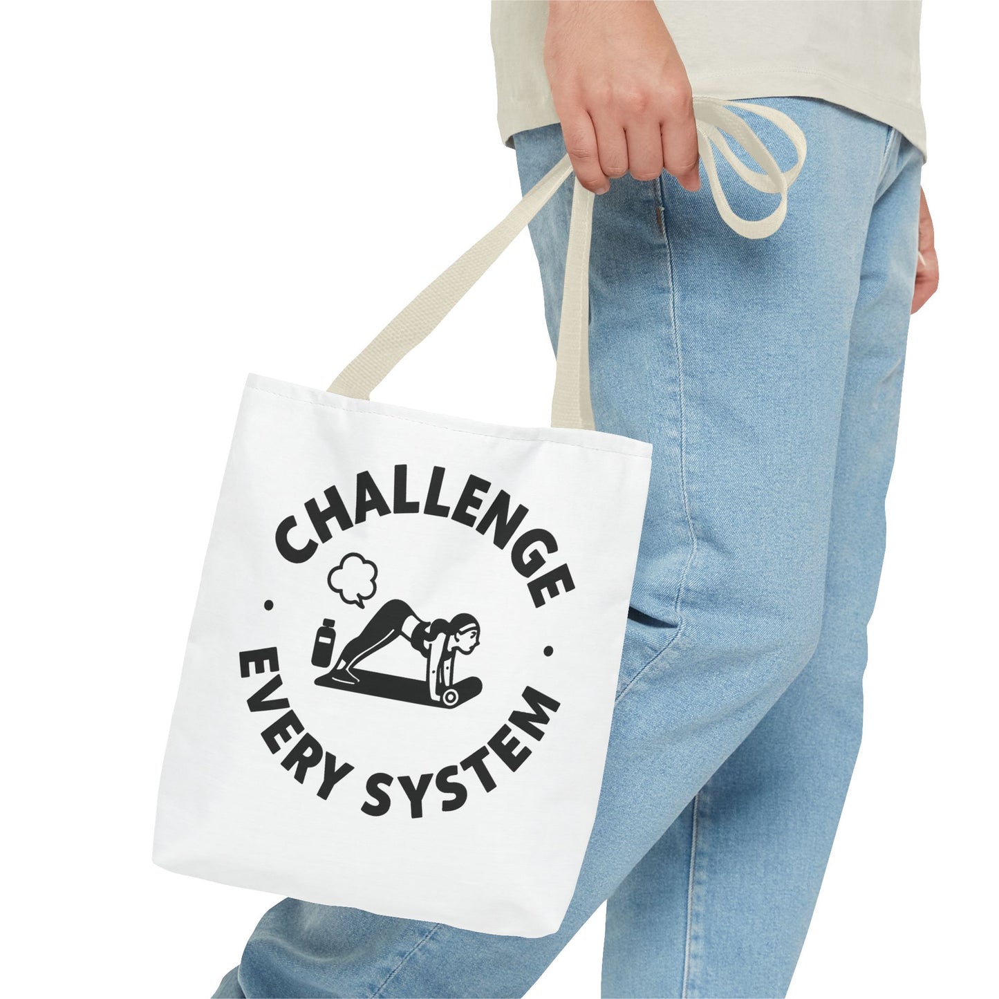 "CHallenge Every System" (Yoga Fart Version)Motivational Tote Bag, Gym Carryall, Workout Bag, Reusable Shopping Tote, Eco-Friendly Reusable Bag, Challenge Every System Bag