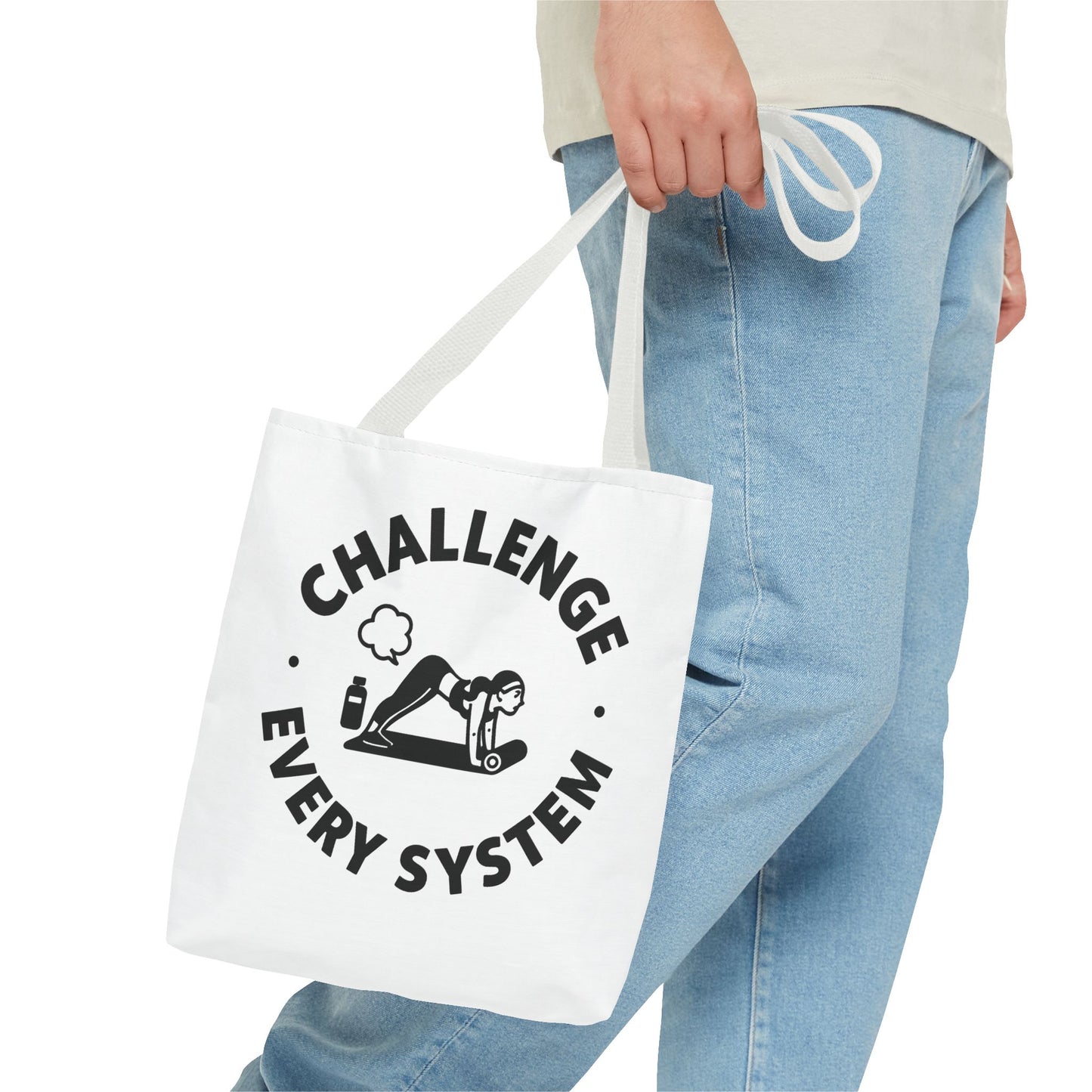 "CHallenge Every System" (Yoga Fart Version)Motivational Tote Bag, Gym Carryall, Workout Bag, Reusable Shopping Tote, Eco-Friendly Reusable Bag, Challenge Every System Bag