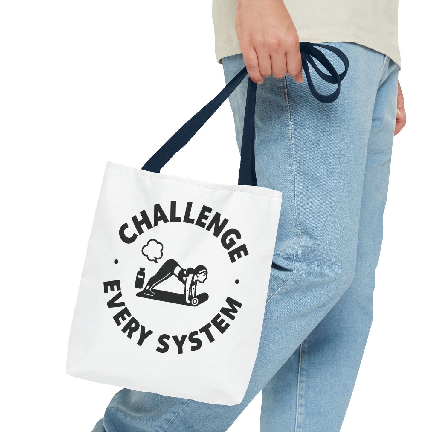 "CHallenge Every System" (Yoga Fart Version)Motivational Tote Bag, Gym Carryall, Workout Bag, Reusable Shopping Tote, Eco-Friendly Reusable Bag, Challenge Every System Bag