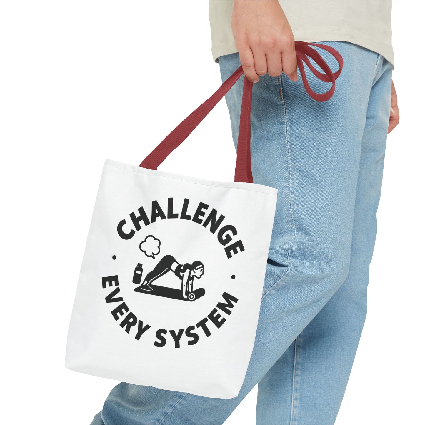 "CHallenge Every System" (Yoga Fart Version)Motivational Tote Bag, Gym Carryall, Workout Bag, Reusable Shopping Tote, Eco-Friendly Reusable Bag, Challenge Every System Bag