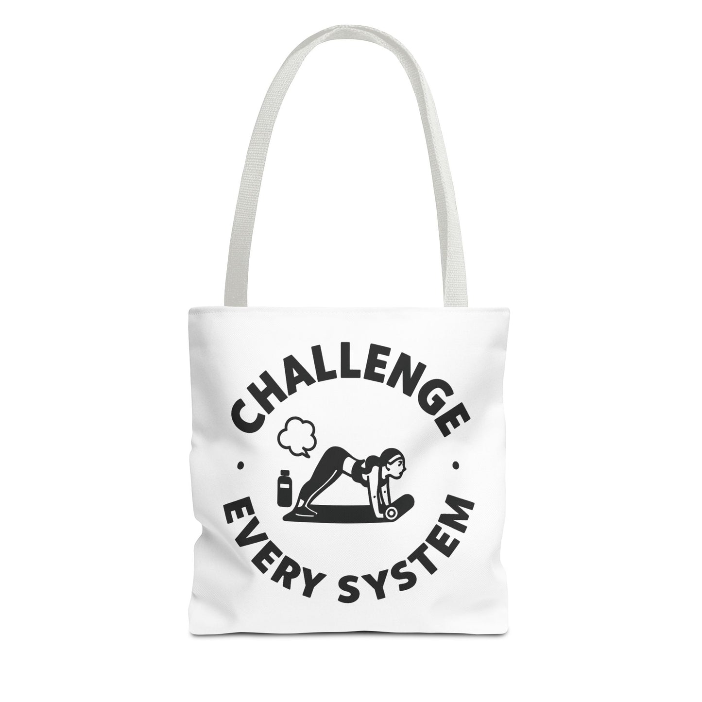 "CHallenge Every System" (Yoga Fart Version)Motivational Tote Bag, Gym Carryall, Workout Bag, Reusable Shopping Tote, Eco-Friendly Reusable Bag, Challenge Every System Bag