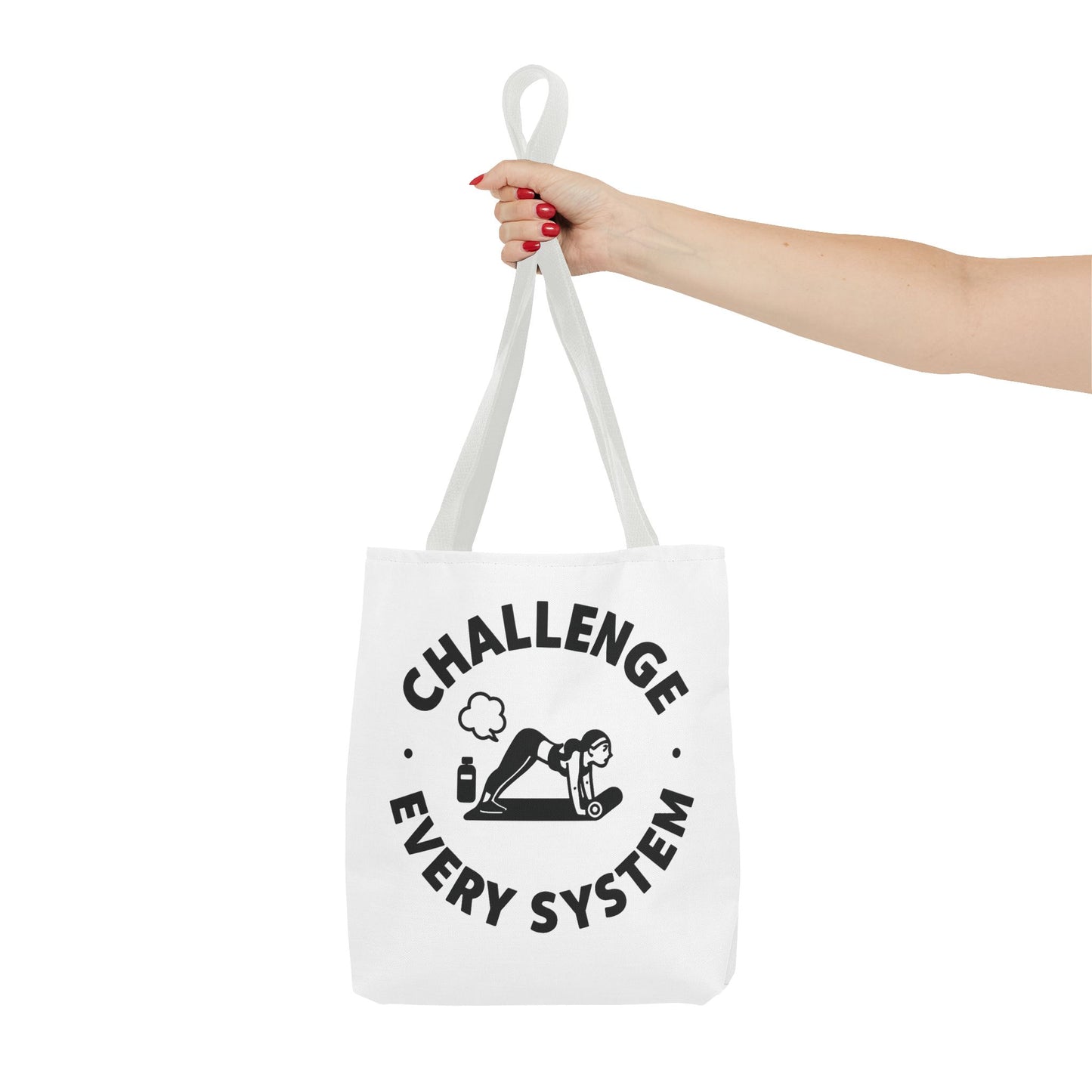 "CHallenge Every System" (Yoga Fart Version)Motivational Tote Bag, Gym Carryall, Workout Bag, Reusable Shopping Tote, Eco-Friendly Reusable Bag, Challenge Every System Bag
