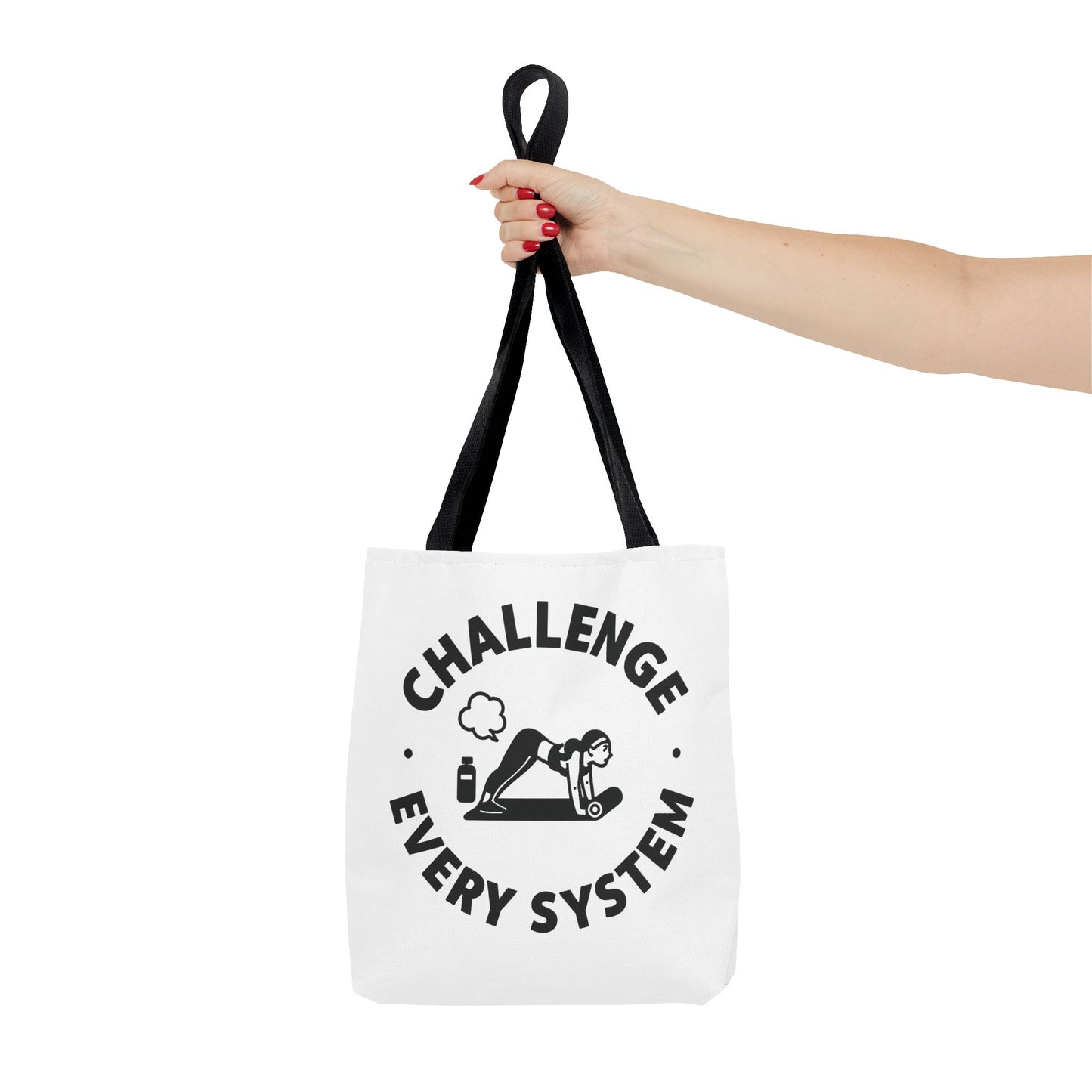 "CHallenge Every System" (Yoga Fart Version)Motivational Tote Bag, Gym Carryall, Workout Bag, Reusable Shopping Tote, Eco-Friendly Reusable Bag, Challenge Every System Bag
