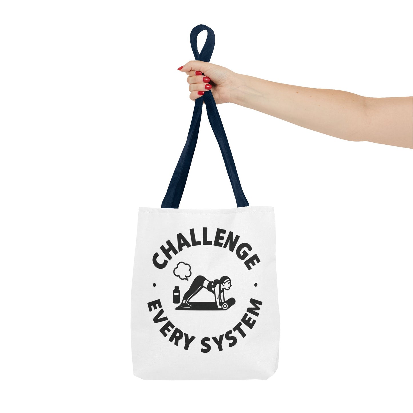 "CHallenge Every System" (Yoga Fart Version)Motivational Tote Bag, Gym Carryall, Workout Bag, Reusable Shopping Tote, Eco-Friendly Reusable Bag, Challenge Every System Bag