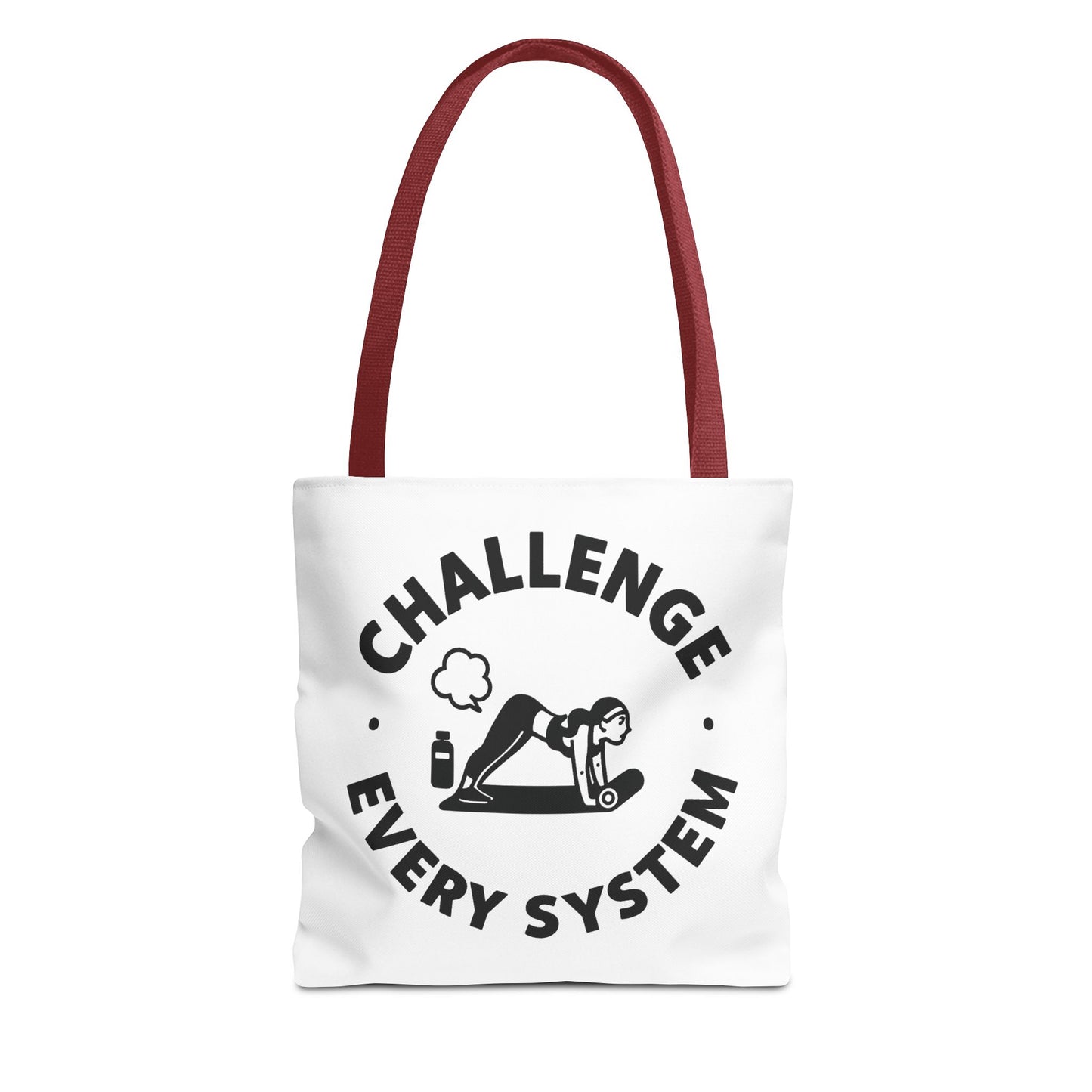 "CHallenge Every System" (Yoga Fart Version)Motivational Tote Bag, Gym Carryall, Workout Bag, Reusable Shopping Tote, Eco-Friendly Reusable Bag, Challenge Every System Bag