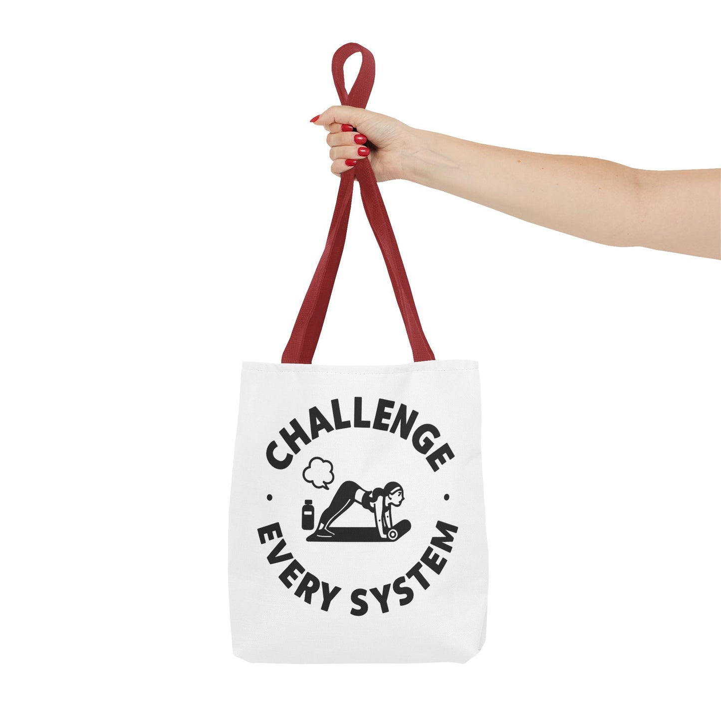 "CHallenge Every System" (Yoga Fart Version)Motivational Tote Bag, Gym Carryall, Workout Bag, Reusable Shopping Tote, Eco-Friendly Reusable Bag, Challenge Every System Bag