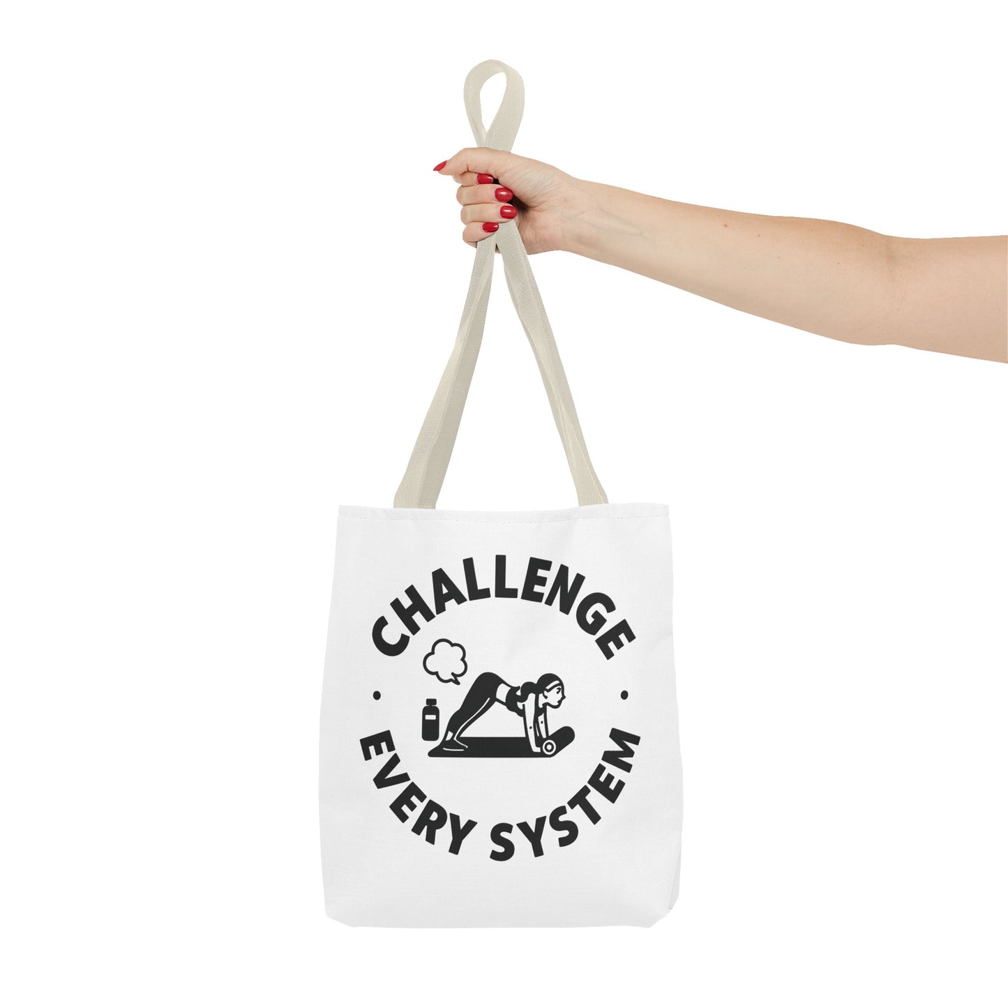 "CHallenge Every System" (Yoga Fart Version)Motivational Tote Bag, Gym Carryall, Workout Bag, Reusable Shopping Tote, Eco-Friendly Reusable Bag, Challenge Every System Bag
