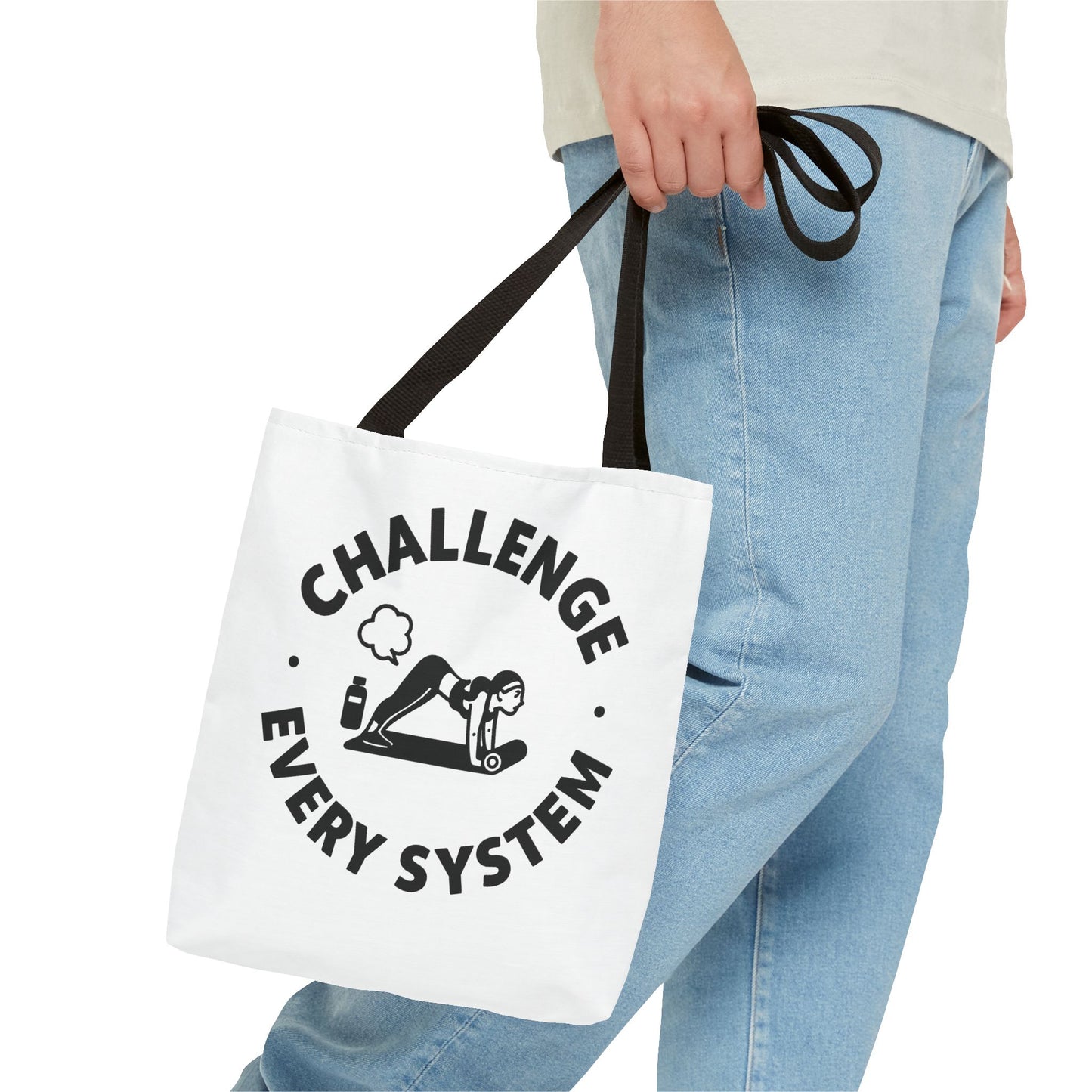 "CHallenge Every System" (Yoga Fart Version)Motivational Tote Bag, Gym Carryall, Workout Bag, Reusable Shopping Tote, Eco-Friendly Reusable Bag, Challenge Every System Bag
